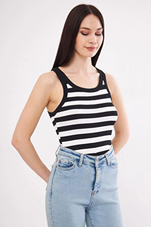 Siyah-Beyaz Kadın Fitilli Kaşkorse Halter yaka Atlet