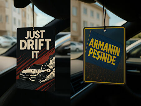 Just Drift It ve Sarı Lacivert Armanın Peşinde - İkili Oto Kokusu - Dekoratif Araç Kokusu ve Aksesuarı