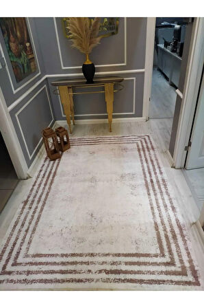 Eskitme Çerçeveli Desenli Kaymaz Taban Yıkanabilir Leke Tutmaz Dokuma Taban Halı Drk-8004-2