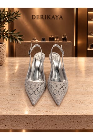 Kadın Gri Bantlı İnce Topuklu Şık Abiye Ayakkabı 5-9 cm