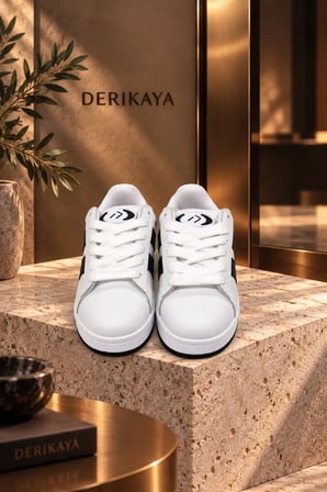 Kadın Beyaz Siyah Bağcıklı Düz Taban Günlük Sneaker Spor Ayakkabı
