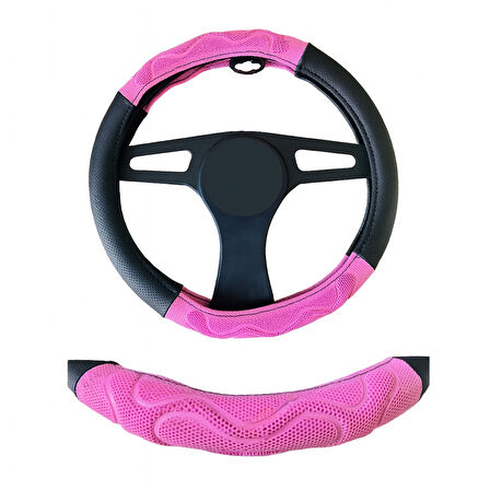 Deri Silikon Direksiyon Kılıfı Geçme 4 Parça Siyah Pembe