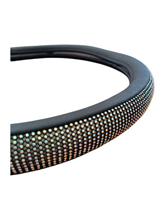 Kristal Taşlı Geçmeli Direksiyon Kılıfı-Siyah Derili