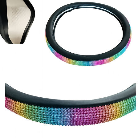 Gökkuşağı Taşlı Geçmeli Direksiyon Kılıfı-Siyah Derili