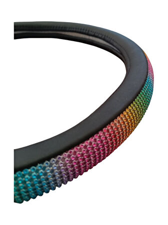 Gökkuşağı Taşlı Geçmeli Direksiyon Kılıfı-Siyah Derili