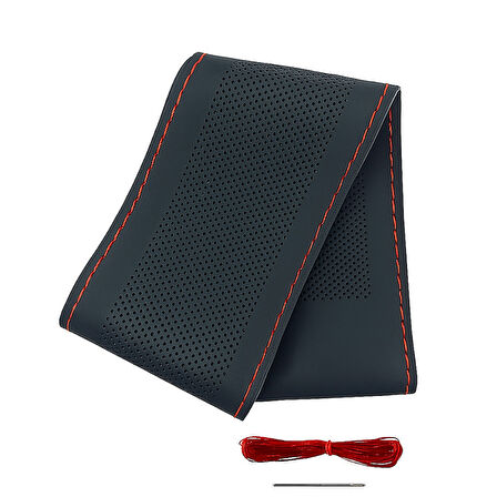 Lüx Desenli Deri Dikme Direksiyon Kılıfı 38-40cm Siyah Kırmızı Dikişli OND378