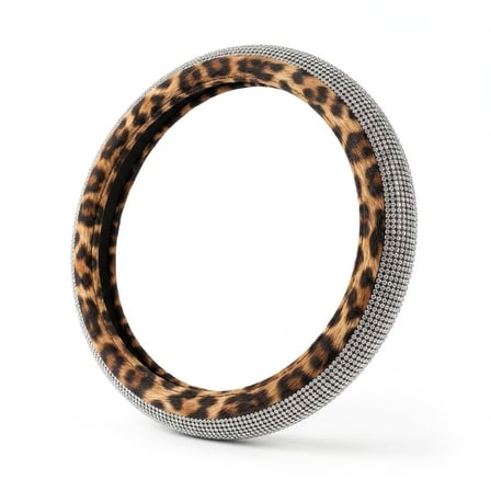 Parlak Kristal Taşlı Geçme Direksiyon Kılıfı 38 cm Gümüş Leopar Desenli