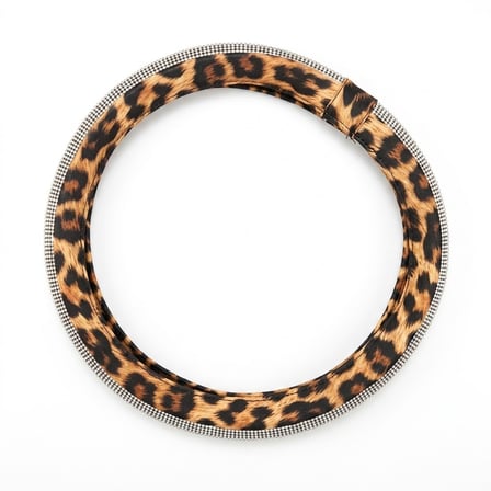 Parlak Kristal Taşlı Geçme Direksiyon Kılıfı 38 cm Gümüş Leopar Desenli