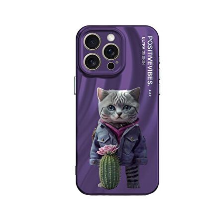 Teleplus iPhone 15 Pro Max Kılıf Crew Desenli Kapak Mor Kedi 