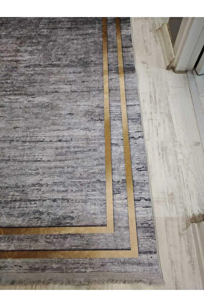 Eskitme Zeminli Gold Çerçeve Desenli Kaymaz Taban Yıkanır Leke Tutmaz Dokuma Taban Halı Drk8049-8