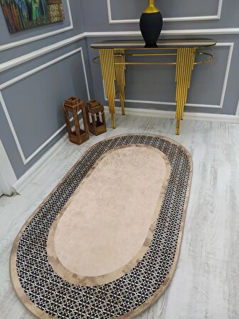 DEKORATİF ÖRÜNTÜ DESENLİ OVAL  KAYMAZ TABAN YIKANABİLİR LEKE TUTMAZ DOKUMA TABAN HALI