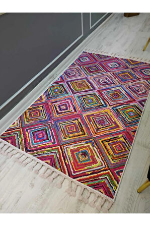 Rengarenk Kilim Desenli Kaymaz Tabanlı Yıkanabilir Leke Tutmaz Dokuma Taban Halı Drk8063-9