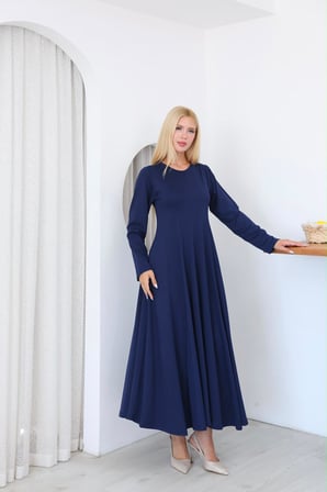 🌸 Kadın Tesettür Uzun Elbise Belden Oturtmalı 3 Pensli Cepli-125 Cm 🌸