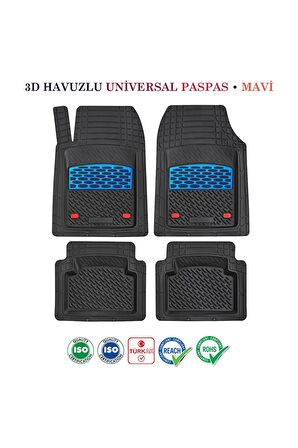 Oto Paspası 3D Havuzlu Universal Kesilebilir 5 Parça Siyah Krom Mavi