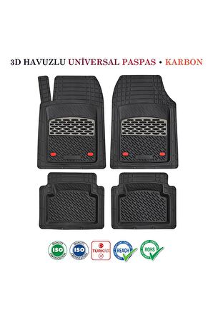 Oto Paspası 3D Havuzlu Universal Kesilebilir 5 Parça Siyah Krom Karbon