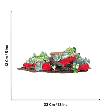 El Yapımı Doğal Ağaç Kabuğu Dekor – Kırmızı Yosun & Yapay Çiçek Masaüstü Obje