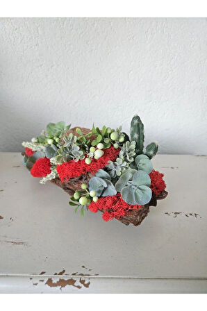 El Yapımı Doğal Ağaç Kabuğu Dekor – Kırmızı Yosun & Yapay Çiçek Masaüstü Obje