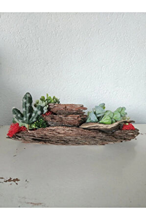 El Yapımı Doğal Ağaç Kabuğu Dekor – Kırmızı Yosun & Yapay Çiçek Masaüstü Obje