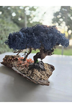 El Yapımı Bonsai Dekor | Gerçek Ağaç Gövdesi & Mavi Şoklanmış Yosunlu Masa Üstü Süs