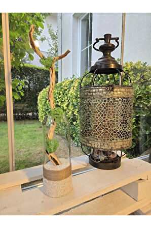 Şık El Yapımı Doğal Ahşap ve Cam Dekoratif Obje Ev Ofis Masa Üstü Hediyesi