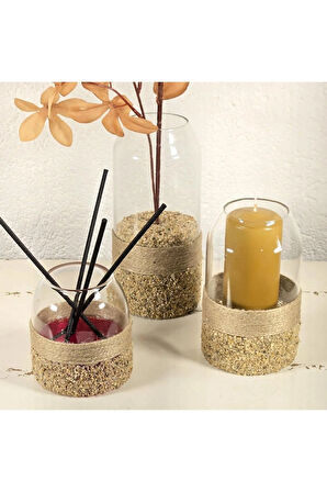 3’lü El Yapımı Cam Mum ve Oda Kokusu Seti Dekoratif Ev Aksesuarı
