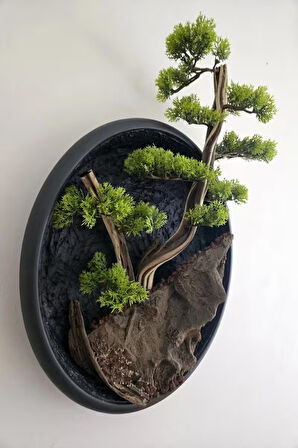 El Yapımı Driftwood Bonsai – Yeşil Şoklanmış Yosunlu Duvar Dekoru-Tablosu