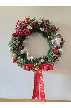 El Yapımı Santa & Deer Yılbaşı Kapı Süsü – Kırmızı Yeşil Altın Noel Çelengi