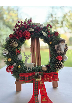 El Yapımı Santa & Deer Yılbaşı Kapı Süsü – Kırmızı Yeşil Altın Noel Çelengi