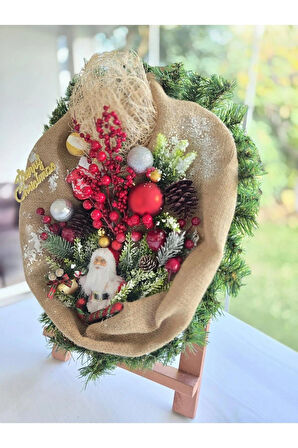 El Yapımı Jüt Kumaşlı Santa Yılbaşı Süsü – Kırmızı Yeşil Noel Kapı - Duvar Dekoru