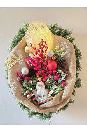 El Yapımı Jüt Kumaşlı Santa Yılbaşı Süsü – Kırmızı Yeşil Noel Kapı - Duvar Dekoru