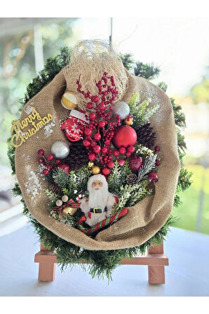 El Yapımı Jüt Kumaşlı Santa Yılbaşı Süsü – Kırmızı Yeşil Noel Kapı - Duvar Dekoru