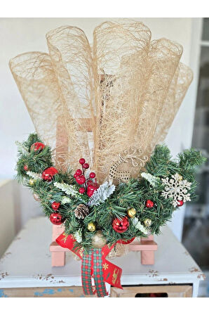 El Yapımı Işıklı Yelpaze Yılbaşı Dekoru – Altın Kırmızı Noel Duvar - Kapı Süsü