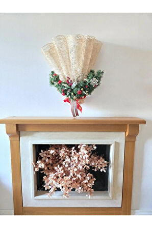 El Yapımı Işıklı Yelpaze Yılbaşı Dekoru – Altın Kırmızı Noel Duvar - Kapı Süsü