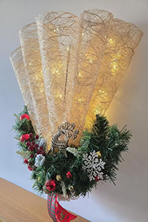 El Yapımı Işıklı Yelpaze Yılbaşı Dekoru – Altın Kırmızı Noel Duvar - Kapı Süsü