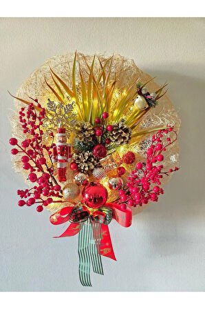 Işıklı Yılbaşı Duvar ve Kapı Süsü – El Yapımı Kırmızı & Altın Noel Dekoru