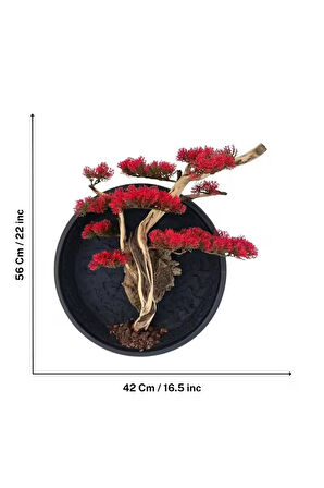 El Yapımı Driftwood Bonsai – Kırmızı Yapay Çiçekli Duvar Dekoru