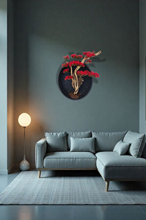 El Yapımı Driftwood Bonsai – Kırmızı Yapay Çiçekli Duvar Dekoru