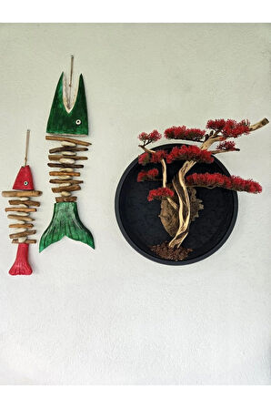 El Yapımı Driftwood Bonsai – Kırmızı Yapay Çiçekli Duvar Dekoru