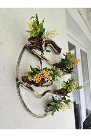 El Yapımı Daire Form Doğal Dal Dekor – Yapay Çiçekli Duvar & Masa Süsü