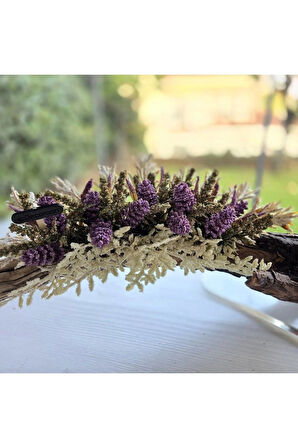 El Yapımı Doğal Ağaç Dekor – Lavanta Moru ve Beyaz Yapay Çiçekli Tasarım