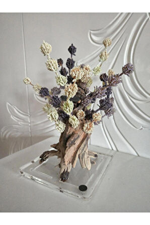 El Yapımı Doğal Kök Dekor – Epoksi Tabanlı Mor ve Beyaz Yapay Çiçek Tasarımı