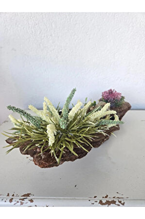 El Yapımı Doğal Ağaç Kabuğu Dekor – Mor & Beyaz Yapay Çiçekli Masa Süsü