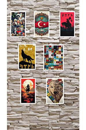 TÜRK Logo 8li Tasarım Karışık Sticker Set , Bayrak , Asker Mehmetçik, Bozkurt