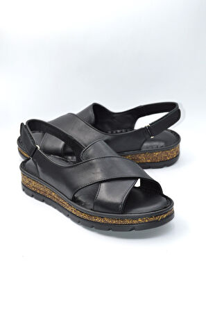 Kadın Siyah Hakiki Deri Comfort Cırtlı Sandalet ve Ayakkabı - ( DRN-436 )