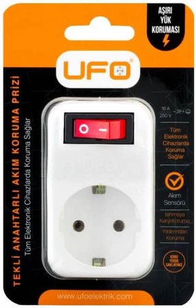 Ufo Tekli Akım Korumalı Anahtarlı Priz 16A 250V, Max 3500W Aşırı Yük Koruması (Beyaz)