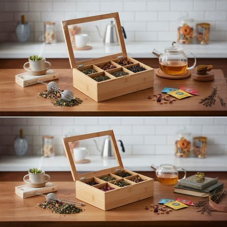 Promosyonca Orjinal Bambu Organizer, Çay Kutusu, Takı Kutusu, Mıknatıslı Kapak, Premium Kalite (6 Şe