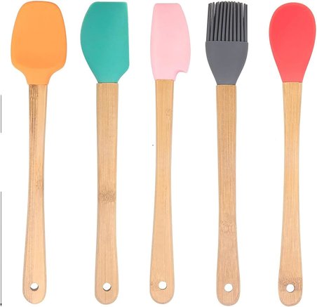 Promosyonca Silikon Spatula Ve Fırça Seti, 5 Parça, Karışık Renkli, Bambu Saplı