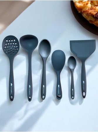 Isıya Dayanıklı Silikon Kevgir Kepçe Kaşık Spatula Seti, 6 Parça, Gri