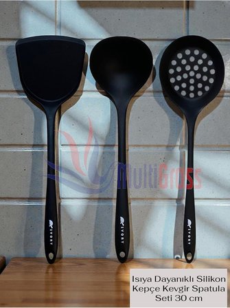 Isıya Dayanıklı Yanmaz Yapışmaz Kepçe Spatula Kevgir Seti 3 Parça, Siyah