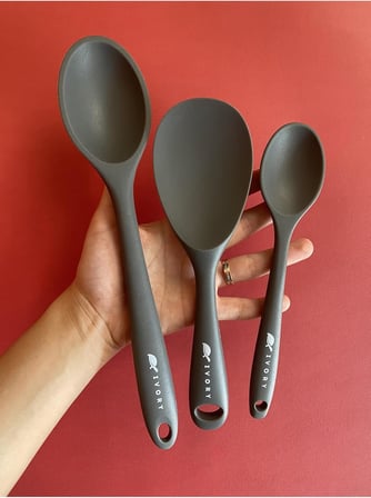 Sert Uçlu Isıya Dayanıklı Silikon Kaşık Seti, 28 Cm-22 Cm-20 Cm, Gri